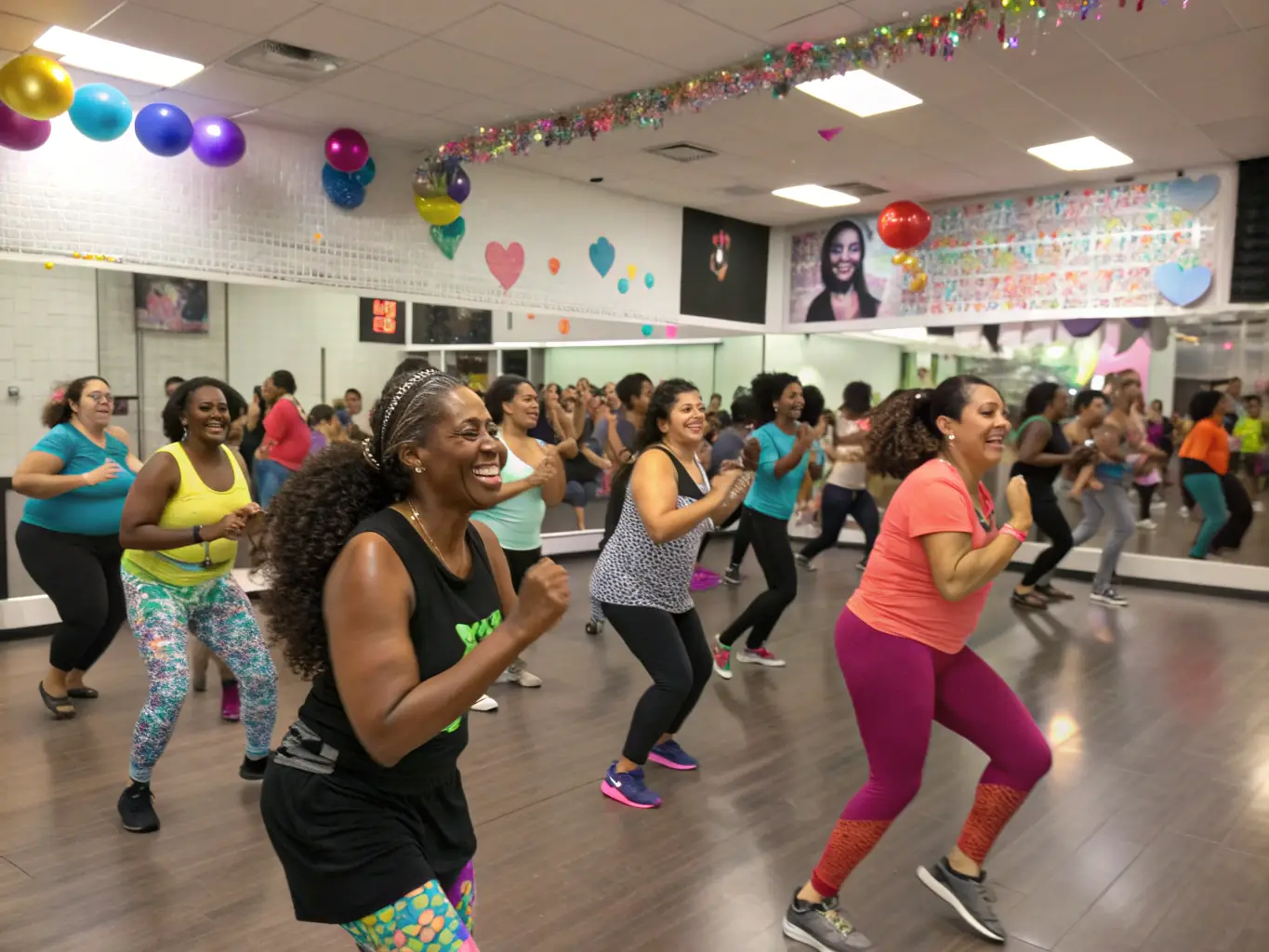 A lively image of a Zumba class with diverse participants dancing energetically, colorful workout attire, and a joyful instructor leading in a spacious, sunlit studio.
