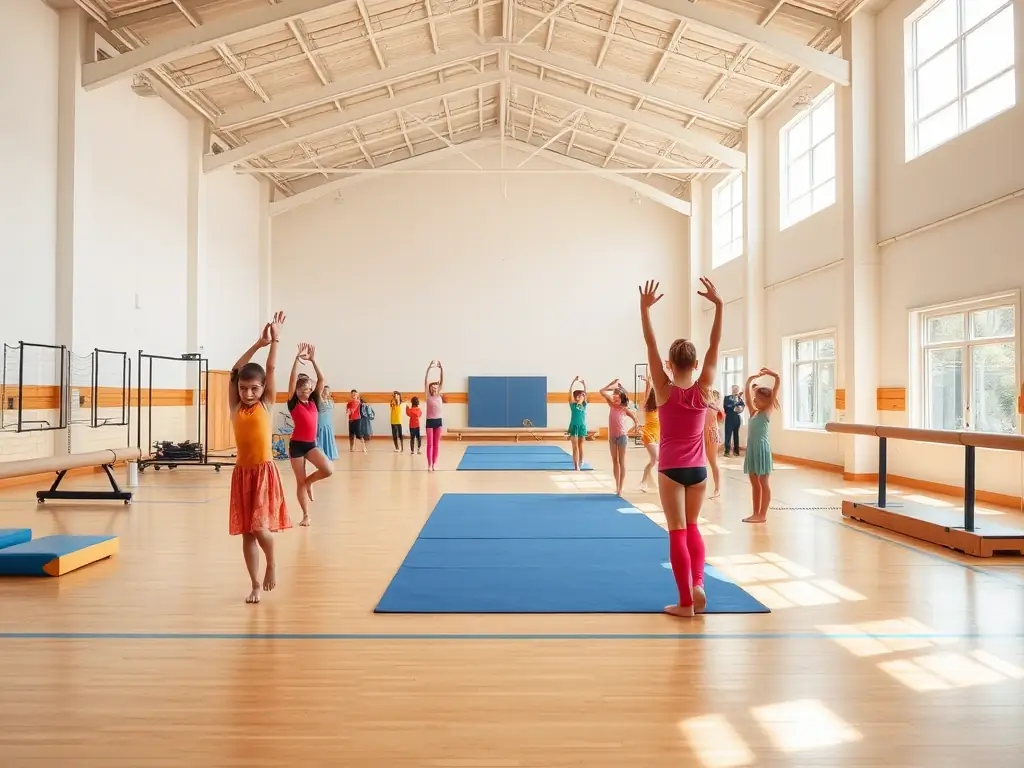 A vibrant, well-lit gymnasium with a diverse group of adults and children practicing gymnastics routines on mats and balance beams, with a FIT LIM instructor providing guidance and encouragement.