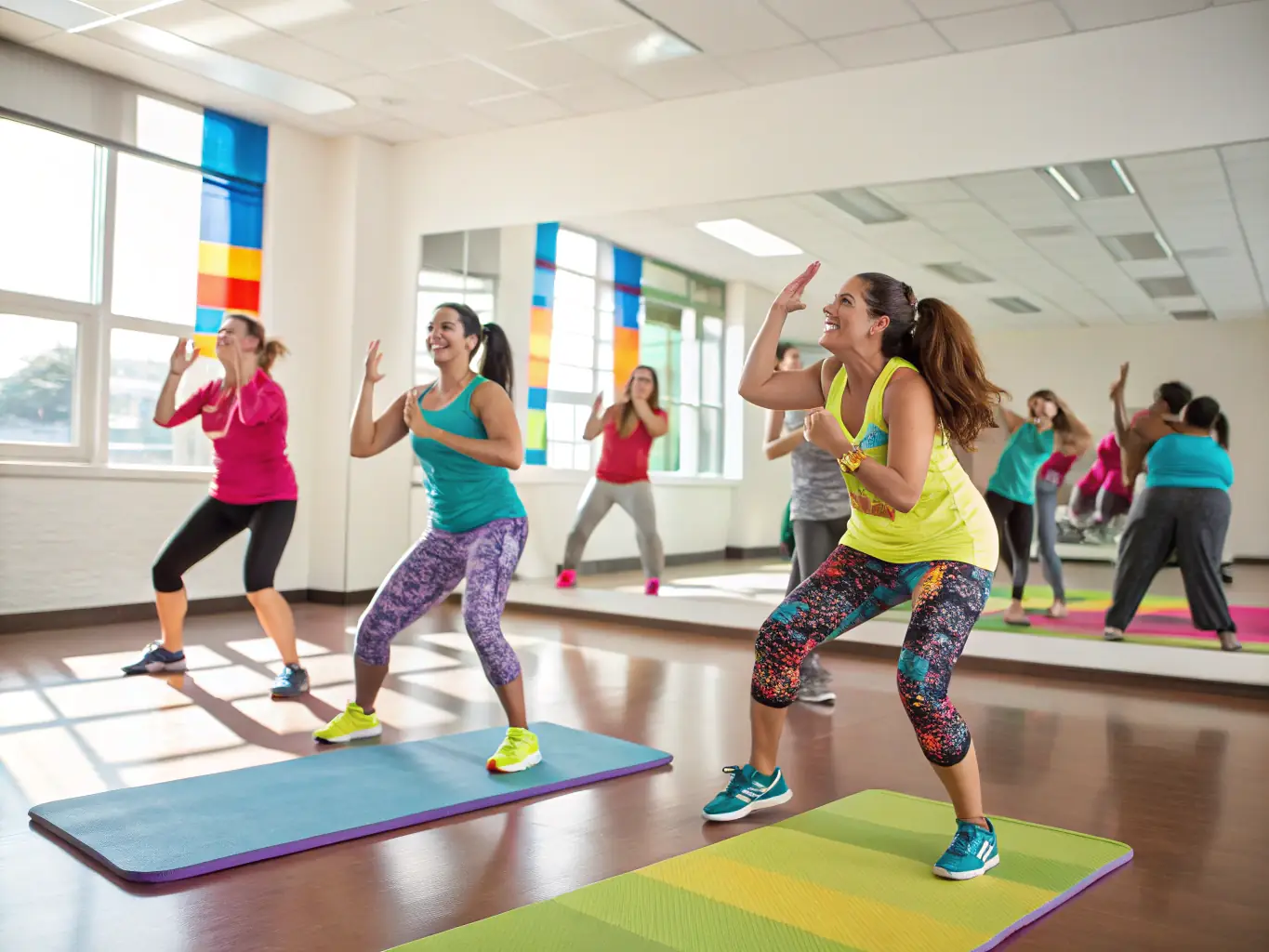 A vibrant scene of a Zumba class in progress, with participants laughing and moving energetically, set in a spacious hall decorated with motivational banners, capturing the joy and social engagement of group exercise.