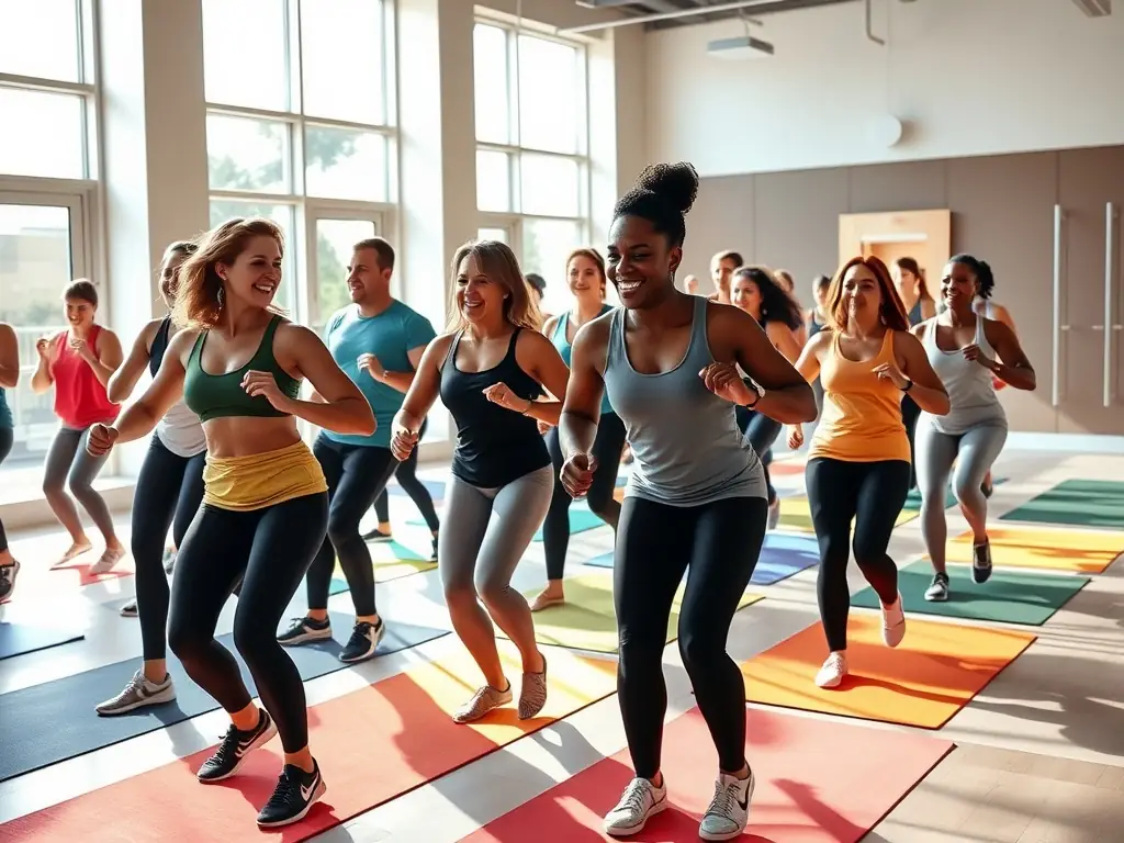 A diverse group of people of various ages and backgrounds participating together in a bright, modern gymnasium, smiling and engaging in a group fitness class led by an enthusiastic instructor, representing inclusivity and community spirit.