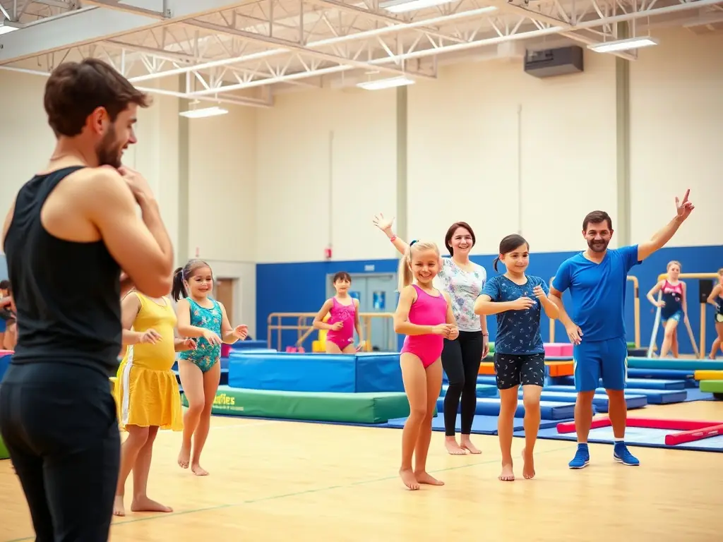 A vibrant photo of a mixed-age group participating in a gymnastics class, with an instructor guiding children and adults on mats in a bright, modern gym setting, conveying inclusivity and energy.