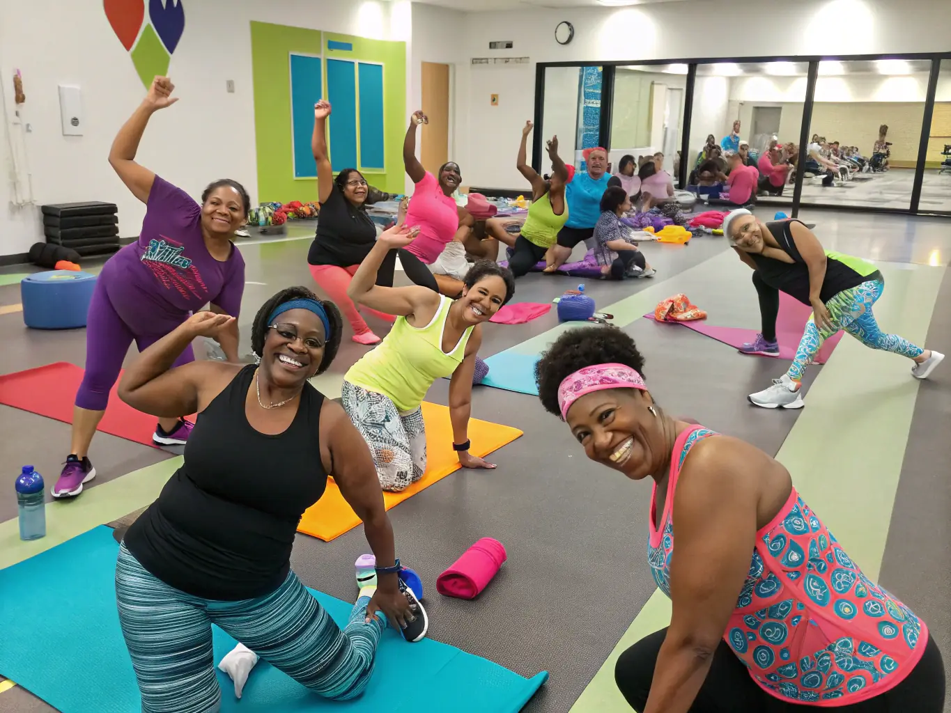 A group fitness class in a community center, with participants using resistance bands and exercise balls, engaging in a circuit training session led by a FIT LIM coach, emphasizing teamwork and encouragement.