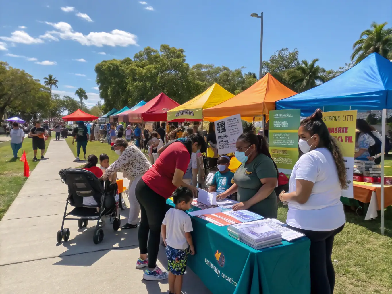 A community health event outdoors, with FIT LIM volunteers offering free health screenings and fitness advice to families and seniors, surrounded by informational booths and a welcoming, festive atmosphere.