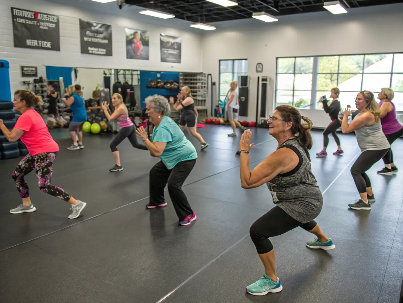 A dynamic scene of an inclusive group fitness session, featuring people of various ages using resistance bands and exercise balls, with a motivating coach encouraging everyone in a community center.