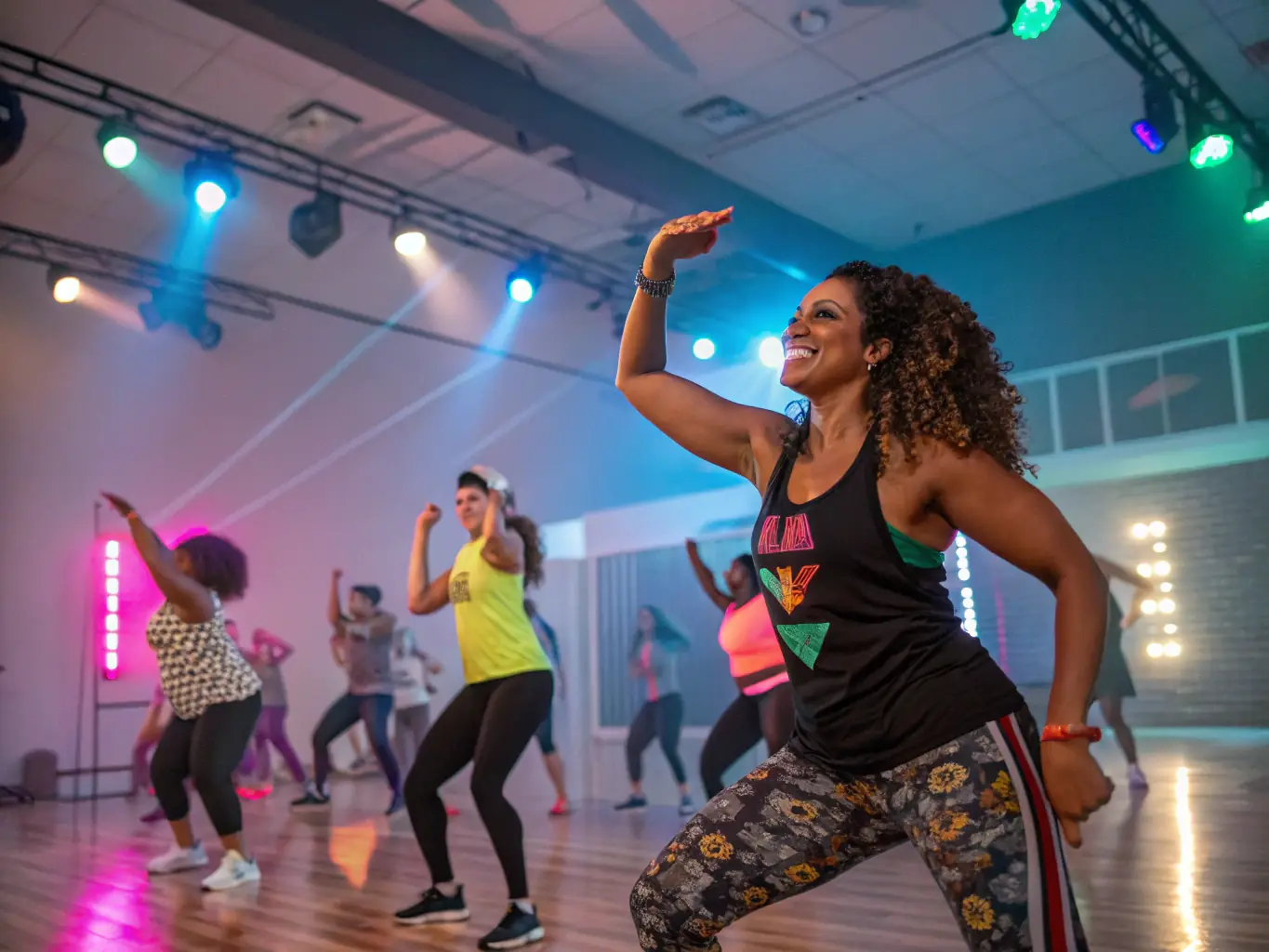 A lively Zumba class in a spacious studio, featuring smiling participants of various ages following a dynamic instructor, with energetic dance movements and colorful workout attire.